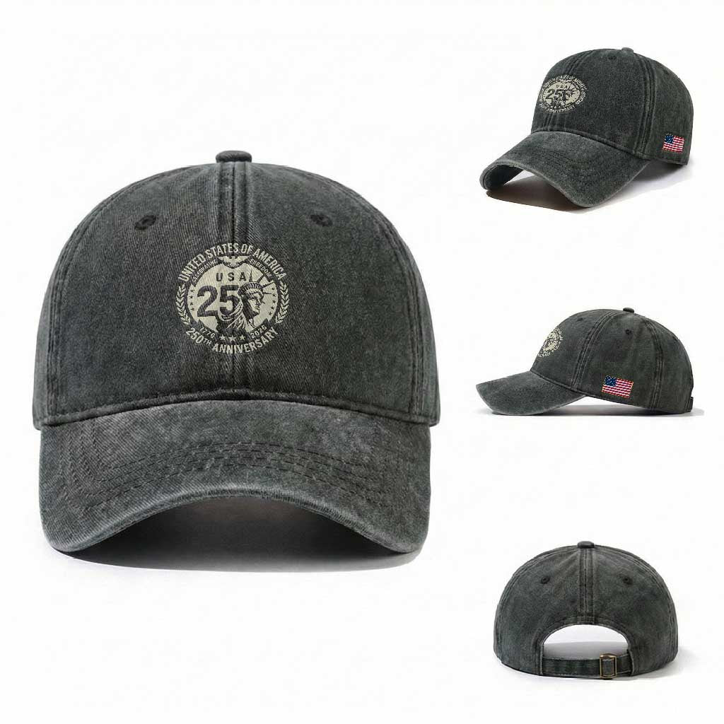 USA 250th Anniversary Statue of Liberty Vintage Crest Washed Cotton Baseball Cap Celebrating Freedom 1776 to 2026 Semiquincentennial