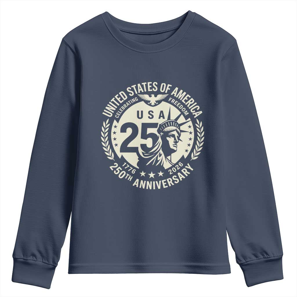 USA 250th Anniversary Statue of Liberty Vintage Crest Youth Sweatshirt Celebrating Freedom 1776 to 2026 Semiquincentennial