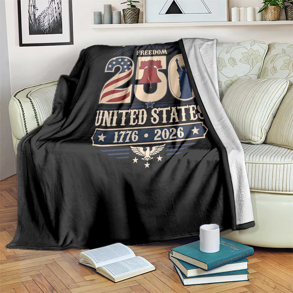 250 Years of Freedom Liberty Bell and Statue of Liberty Graphic Throw Blanket 1776 2026 US Pride American Flag Graphic Emblem