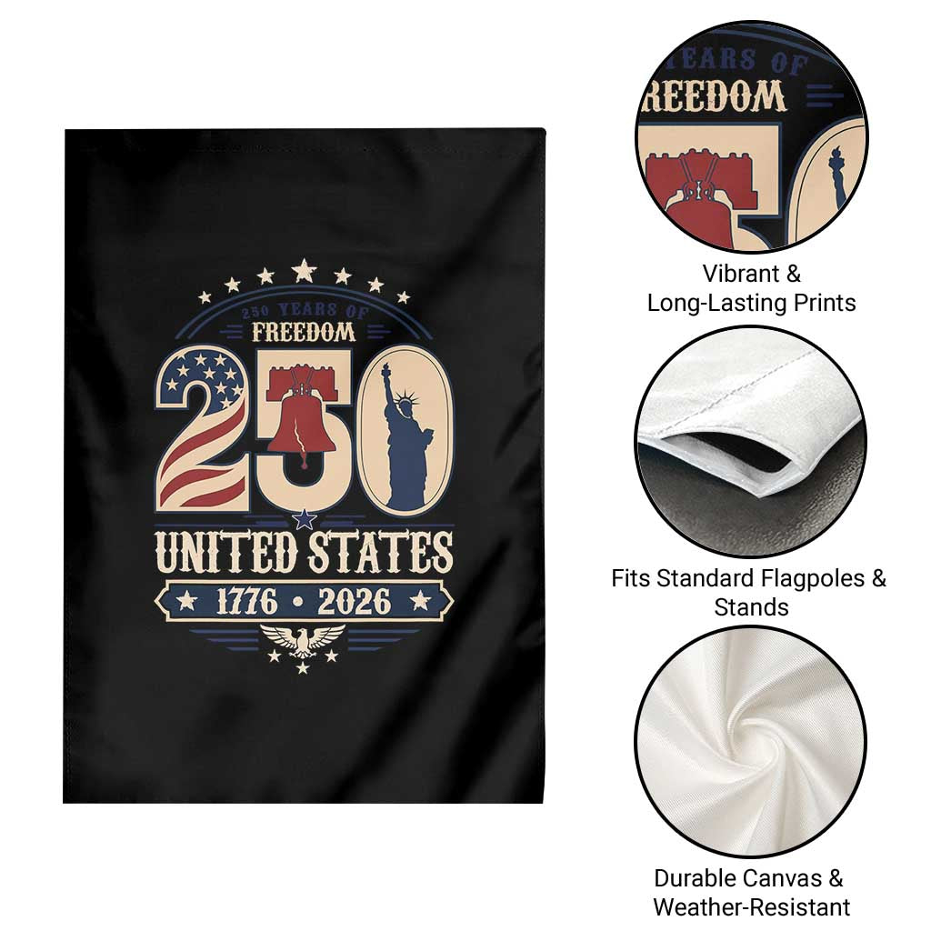 250 Years of Freedom Liberty Bell and Statue of Liberty Graphic Garden Flag 1776 2026 US Pride American Flag Graphic Emblem TS02 Print Your Wear