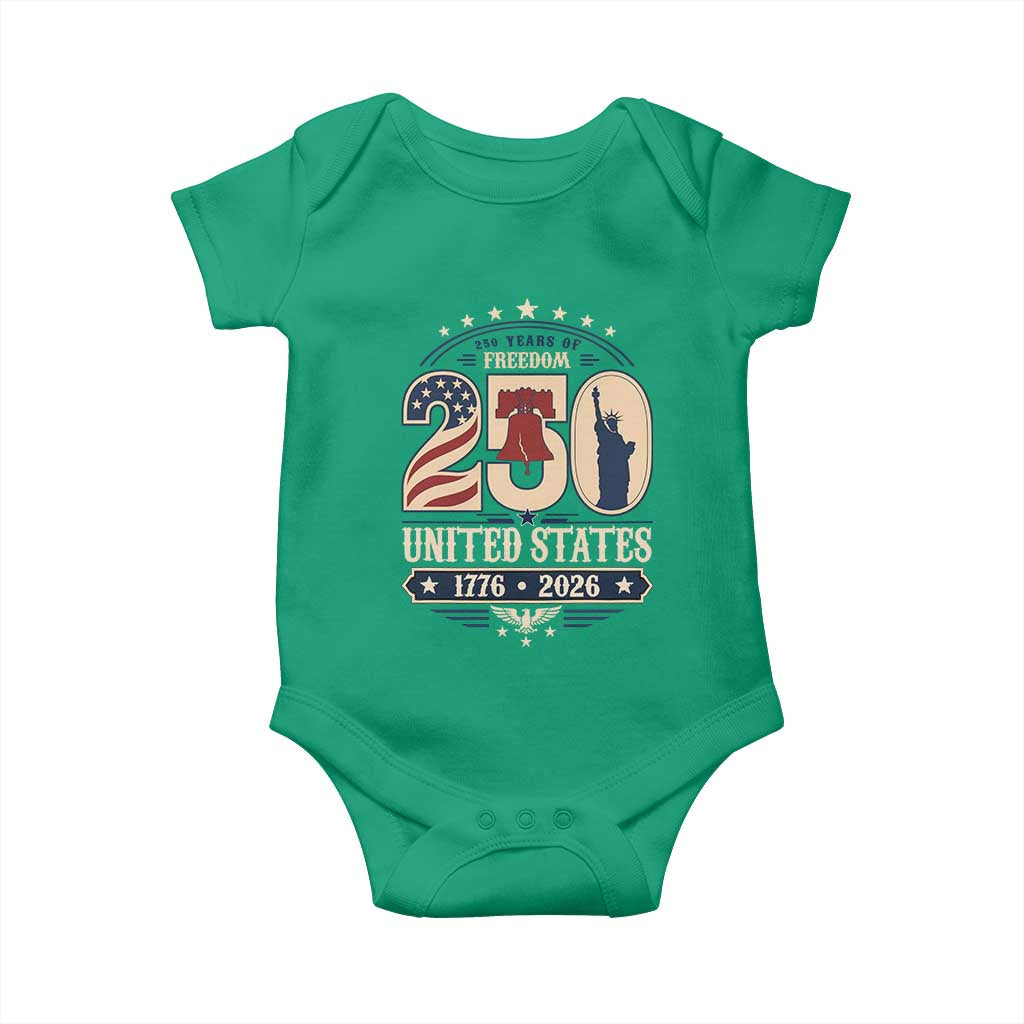 250 Years of Freedom Liberty Bell and Statue of Liberty Graphic Baby Onesie 1776 2026 US Pride American Flag Graphic Emblem
