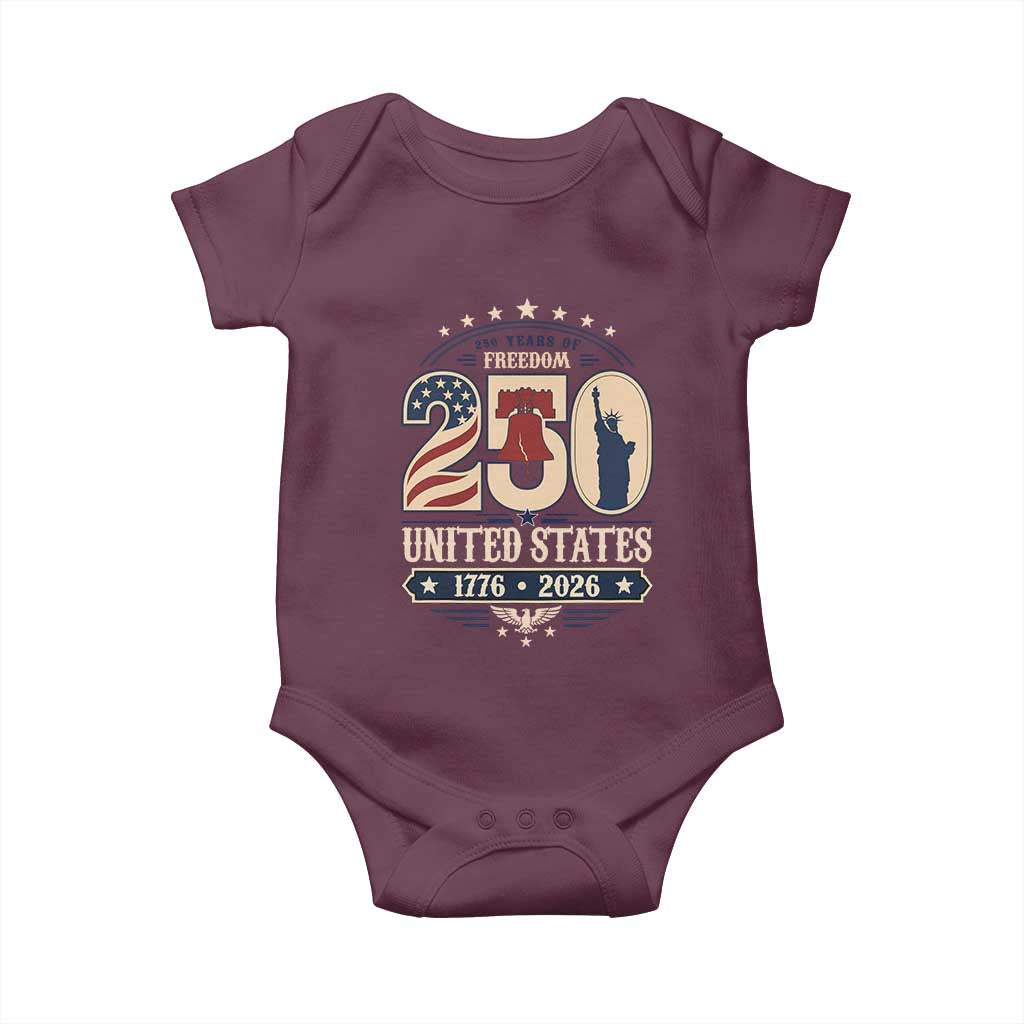 250 Years of Freedom Liberty Bell and Statue of Liberty Graphic Baby Onesie 1776 2026 US Pride American Flag Graphic Emblem