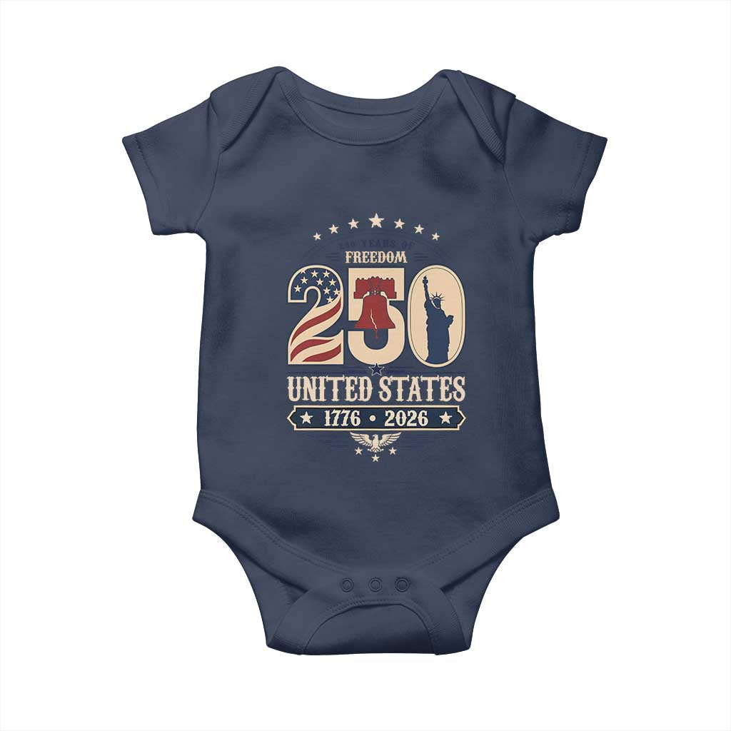 250 Years of Freedom Liberty Bell and Statue of Liberty Graphic Baby Onesie 1776 2026 US Pride American Flag Graphic Emblem