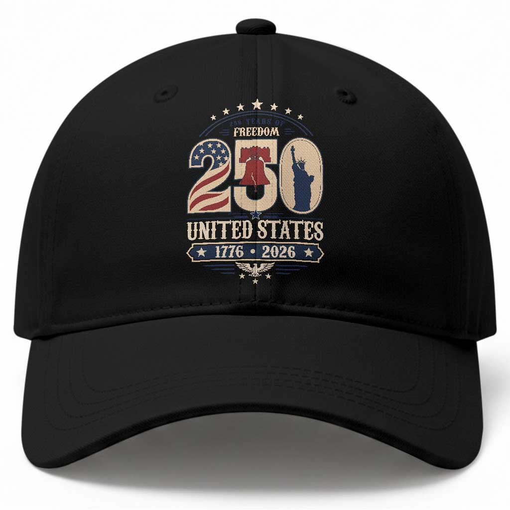 250 Years of Freedom Liberty Bell and Statue of Liberty Graphic Baseball Cap 1776 2026 US Pride American Flag Graphic Emblem