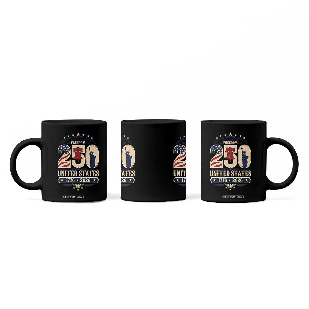 250 Years of Freedom Liberty Bell and Statue of Liberty Graphic Coffee Mug 1776 2026 US Pride American Flag Graphic Emblem TS02 Print Your Wear