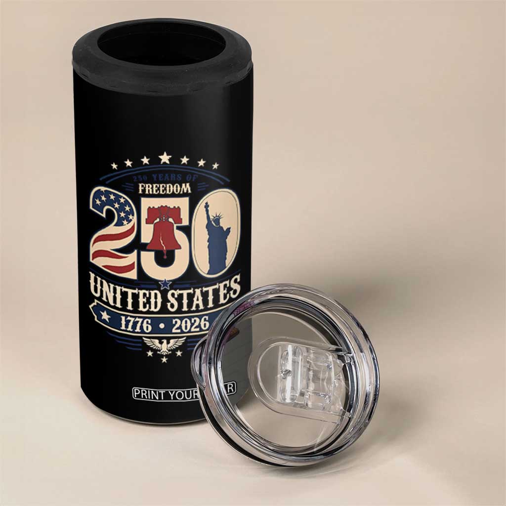 250 Years of Freedom Liberty Bell and Statue of Liberty Graphic 4 in 1 Can Cooler Tumbler 1776 2026 US Pride American Flag Graphic Emblem TS02 Print Your Wear