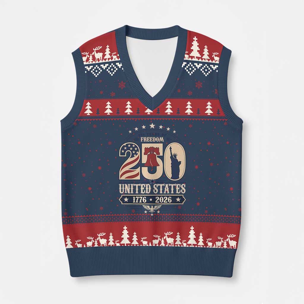 250 Years of Freedom Liberty Bell and Statue of Liberty Graphic V-Neck Knit Sweater Vest 1776 2026 US Pride American Flag Graphic Emblem
