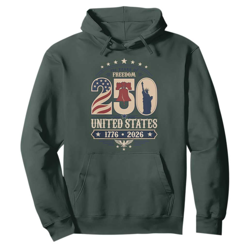 250 Years of Freedom Liberty Bell and Statue of Liberty Graphic Hoodie 1776 2026 US Pride American Flag Graphic Emblem