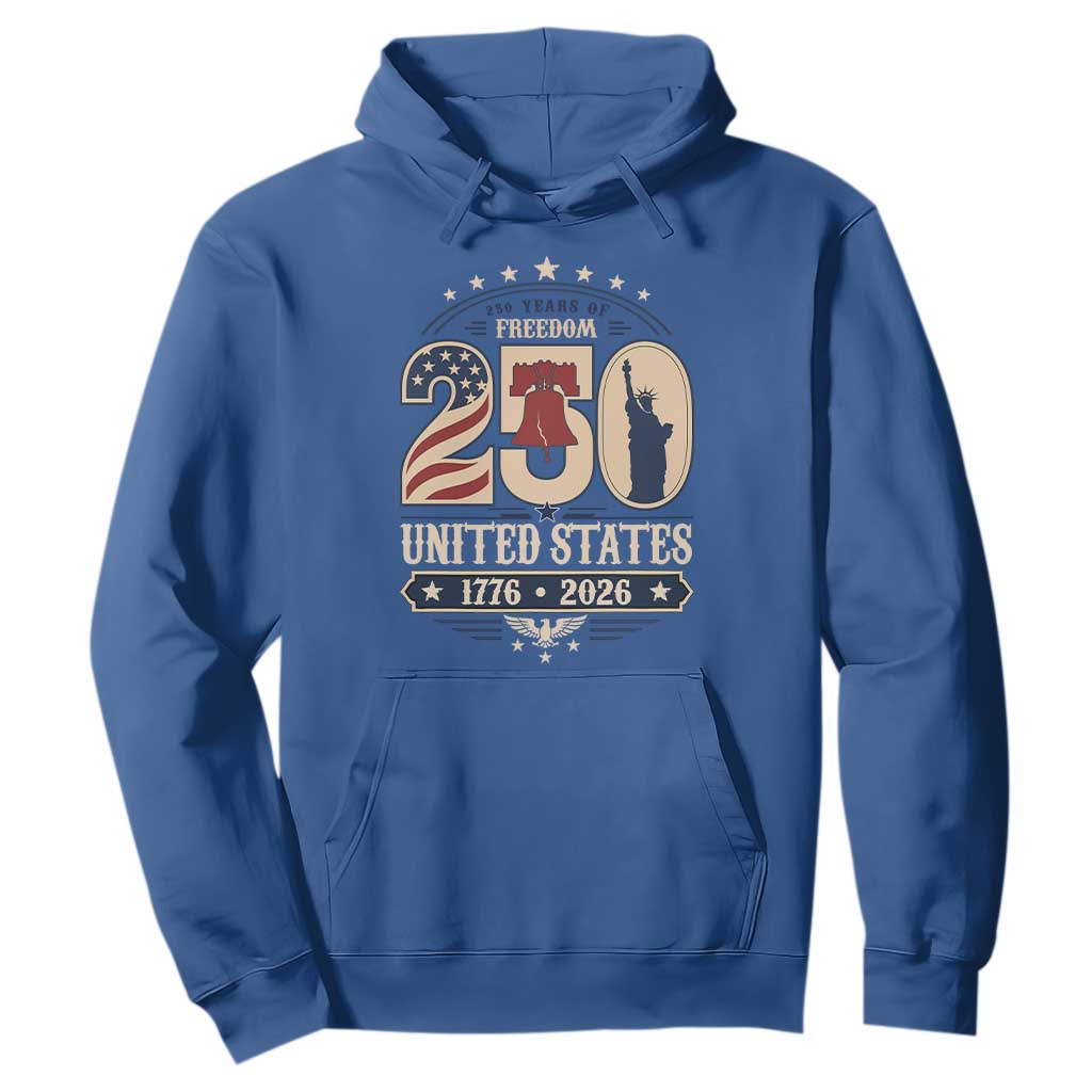 250 Years of Freedom Liberty Bell and Statue of Liberty Graphic Hoodie 1776 2026 US Pride American Flag Graphic Emblem