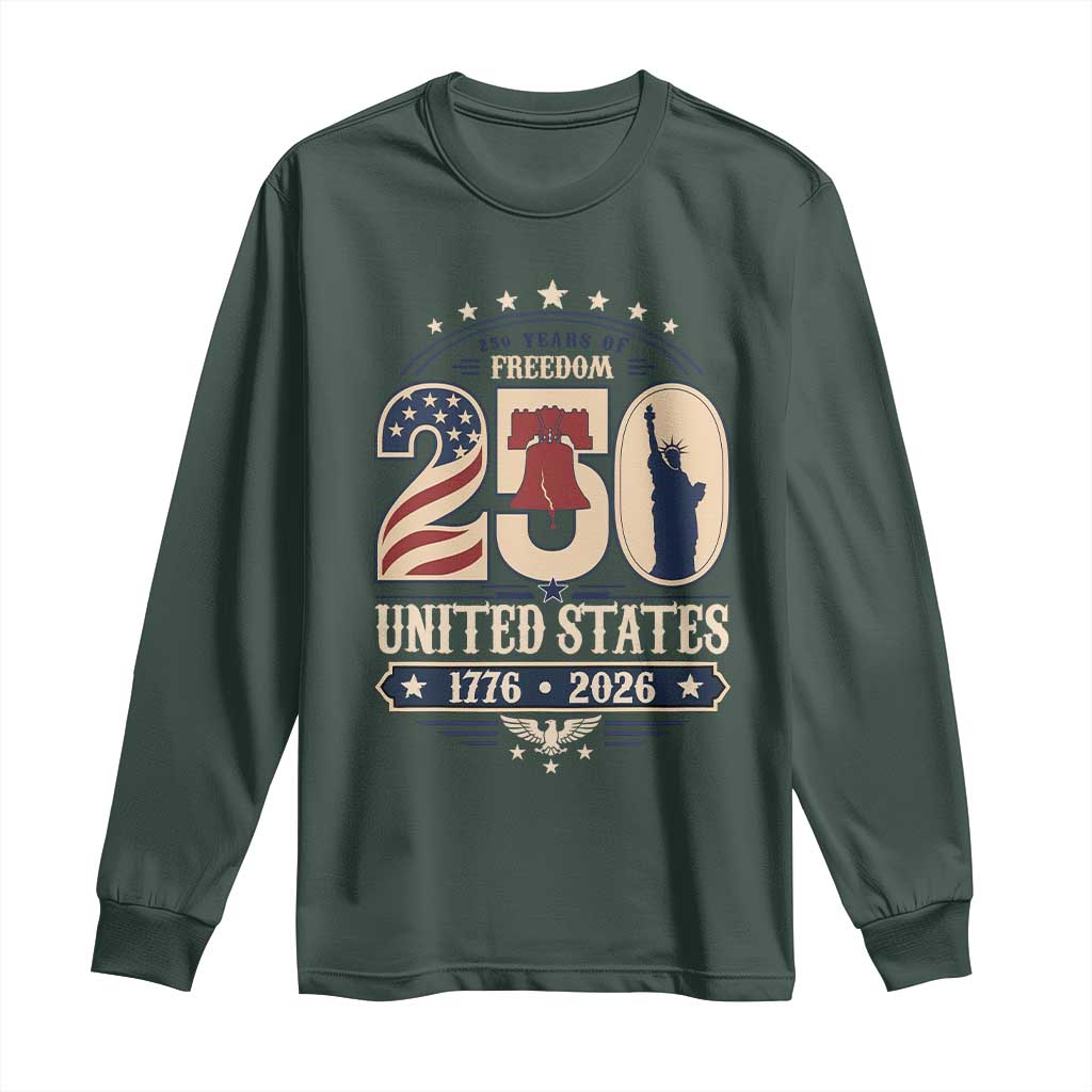 250 Years of Freedom Liberty Bell and Statue of Liberty Graphic Long Sleeve Shirt 1776 2026 US Pride American Flag Graphic Emblem