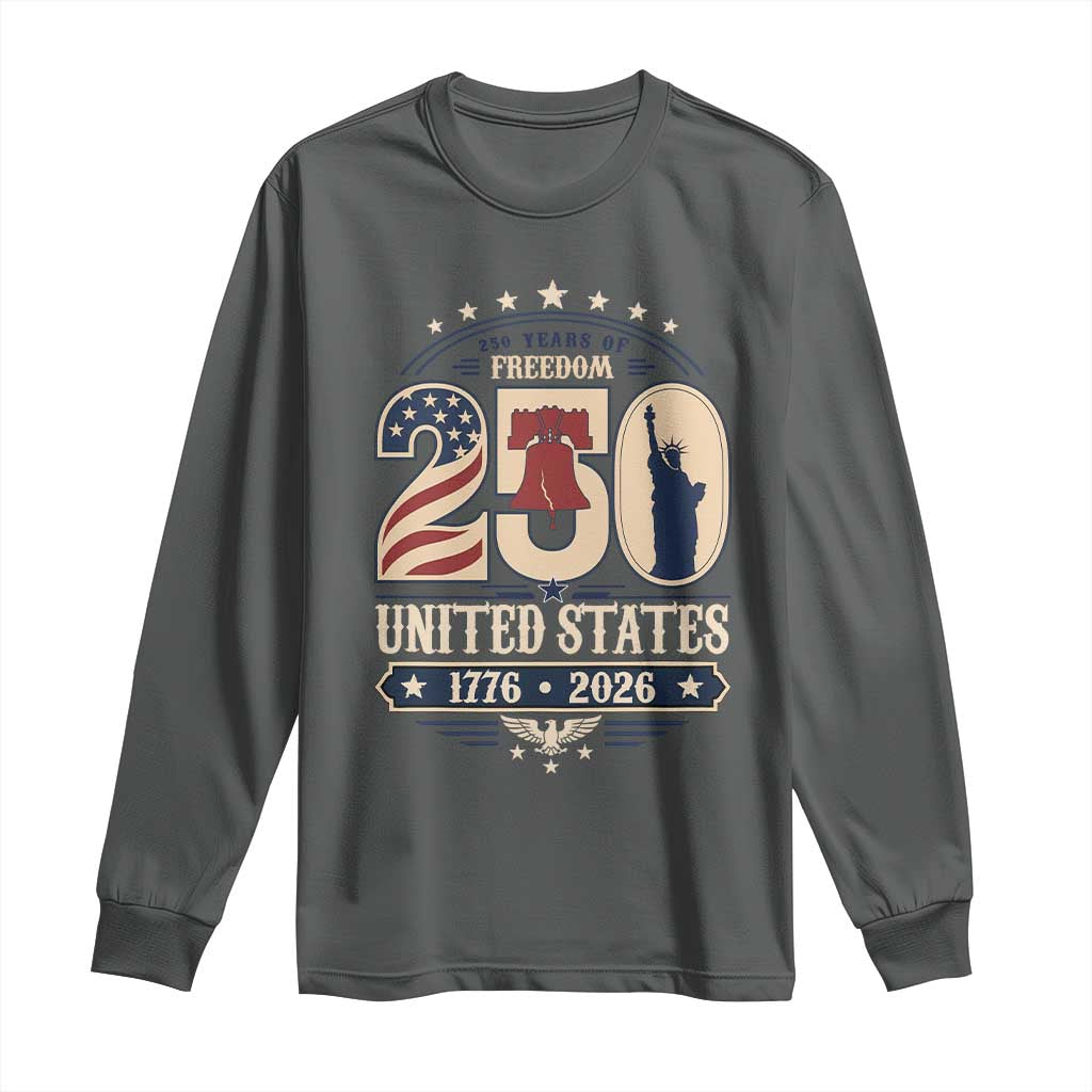 250 Years of Freedom Liberty Bell and Statue of Liberty Graphic Long Sleeve Shirt 1776 2026 US Pride American Flag Graphic Emblem