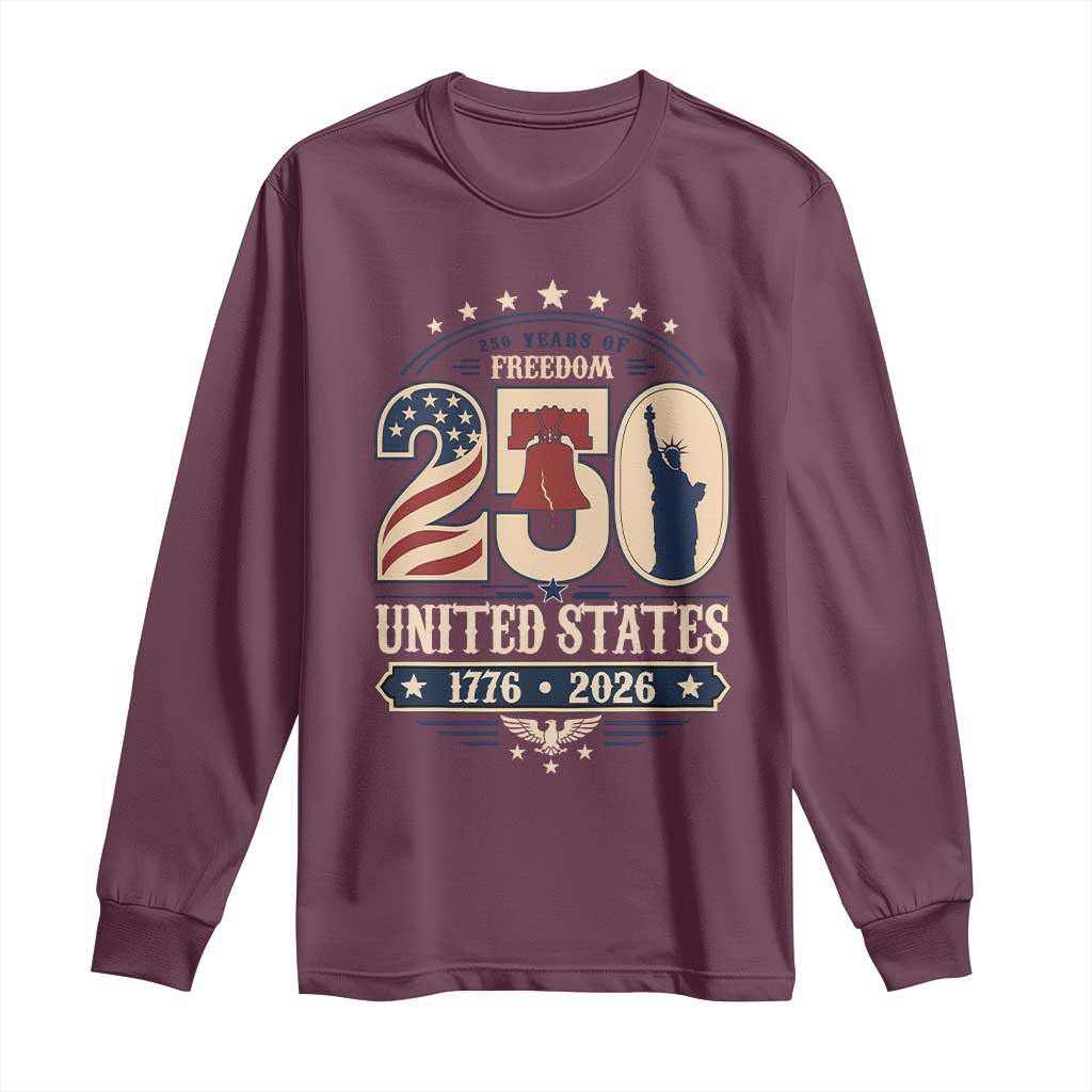 250 Years of Freedom Liberty Bell and Statue of Liberty Graphic Long Sleeve Shirt 1776 2026 US Pride American Flag Graphic Emblem