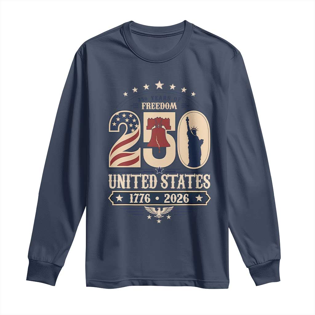 250 Years of Freedom Liberty Bell and Statue of Liberty Graphic Long Sleeve Shirt 1776 2026 US Pride American Flag Graphic Emblem