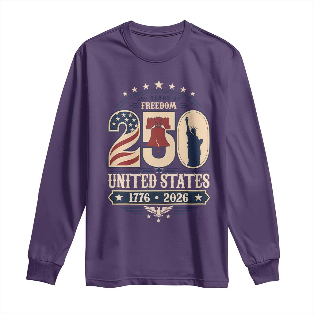 250 Years of Freedom Liberty Bell and Statue of Liberty Graphic Long Sleeve Shirt 1776 2026 US Pride American Flag Graphic Emblem