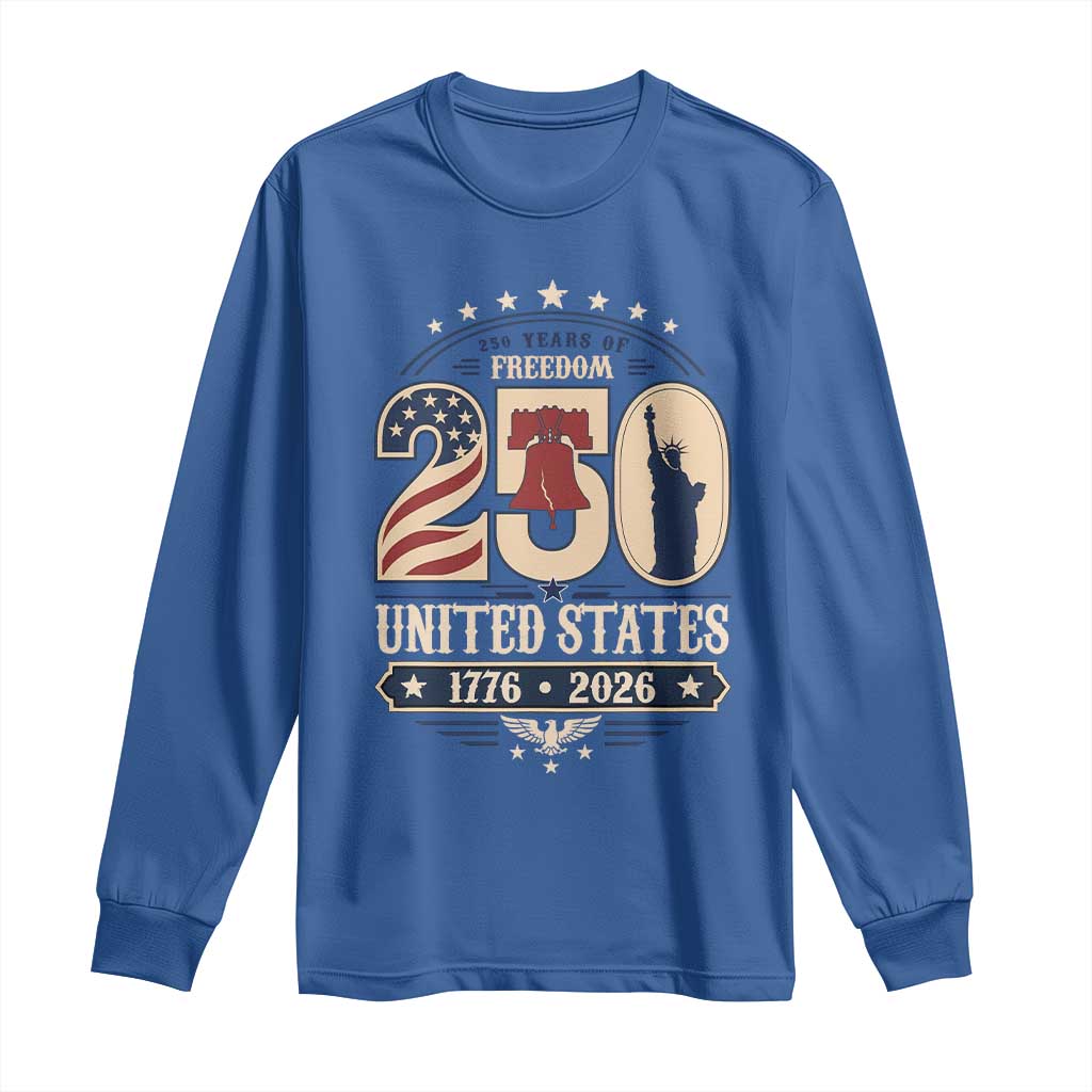 250 Years of Freedom Liberty Bell and Statue of Liberty Graphic Long Sleeve Shirt 1776 2026 US Pride American Flag Graphic Emblem
