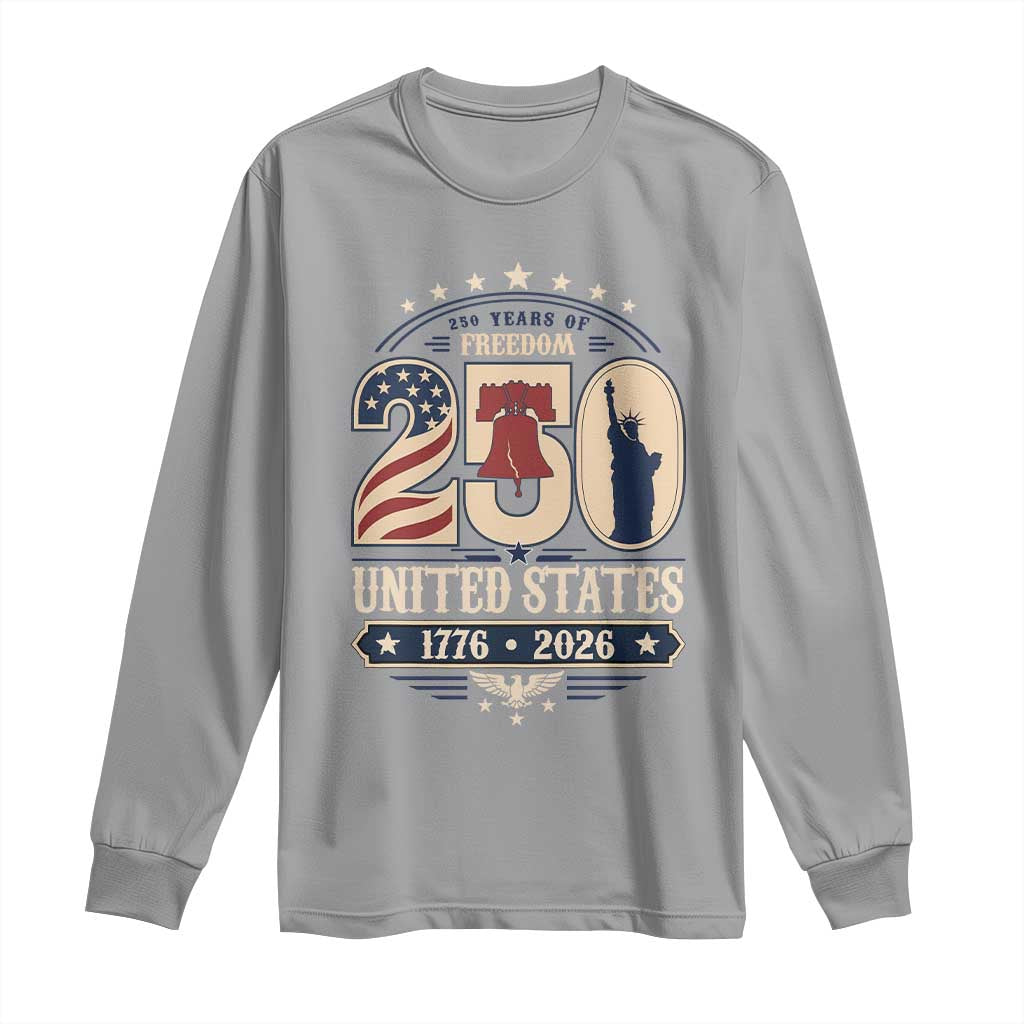 250 Years of Freedom Liberty Bell and Statue of Liberty Graphic Long Sleeve Shirt 1776 2026 US Pride American Flag Graphic Emblem