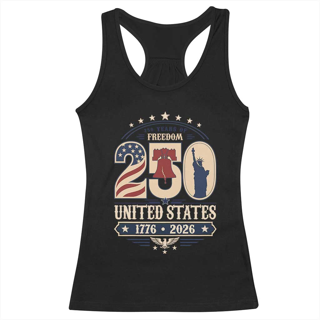 250 Years of Freedom Liberty Bell and Statue of Liberty Graphic Racerback Tank Top 1776 2026 US Pride American Flag Graphic Emblem