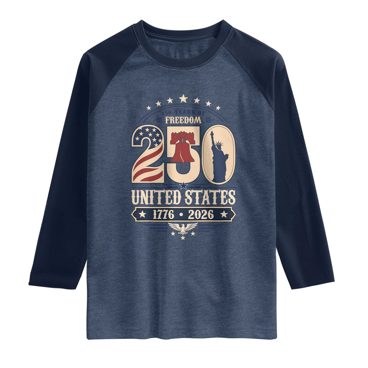 250 Years of Freedom Liberty Bell and Statue of Liberty Graphic Raglan Shirt 1776 2026 US Pride American Flag Graphic Emblem