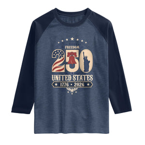 250 Years of Freedom Liberty Bell and Statue of Liberty Graphic Raglan Shirt 1776 2026 US Pride American Flag Graphic Emblem
