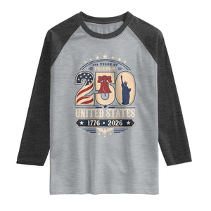 250 Years of Freedom Liberty Bell and Statue of Liberty Graphic Raglan Shirt 1776 2026 US Pride American Flag Graphic Emblem
