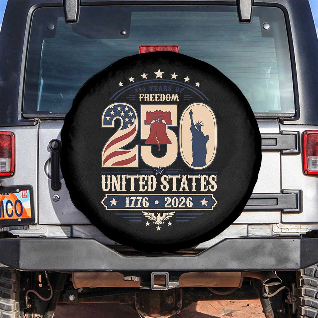 250 Years of Freedom Liberty Bell and Statue of Liberty Graphic Spare Tire Cover 1776 2026 US Pride American Flag Graphic Emblem TS02 No hole Black Print Your Wear