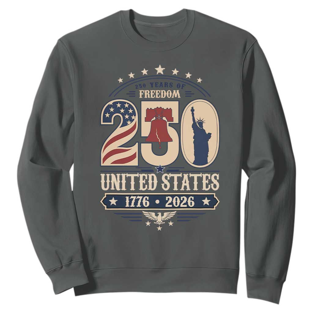 250 Years of Freedom Liberty Bell and Statue of Liberty Graphic Sweatshirt 1776 2026 US Pride American Flag Graphic Emblem