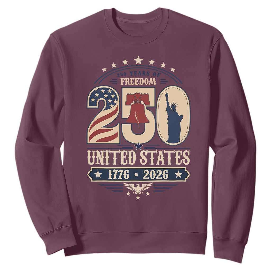 250 Years of Freedom Liberty Bell and Statue of Liberty Graphic Sweatshirt 1776 2026 US Pride American Flag Graphic Emblem