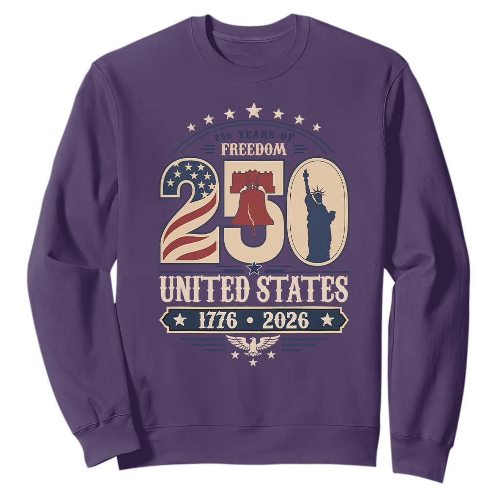 250 Years of Freedom Liberty Bell and Statue of Liberty Graphic Sweatshirt 1776 2026 US Pride American Flag Graphic Emblem