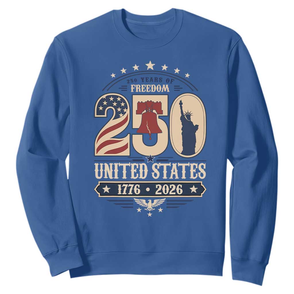 250 Years of Freedom Liberty Bell and Statue of Liberty Graphic Sweatshirt 1776 2026 US Pride American Flag Graphic Emblem