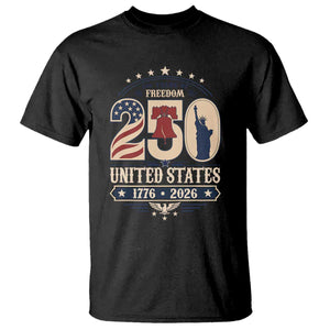 250 Years of Freedom Liberty Bell and Statue of Liberty Graphic T Shirt 1776 2026 US Pride American Flag Graphic Emblem