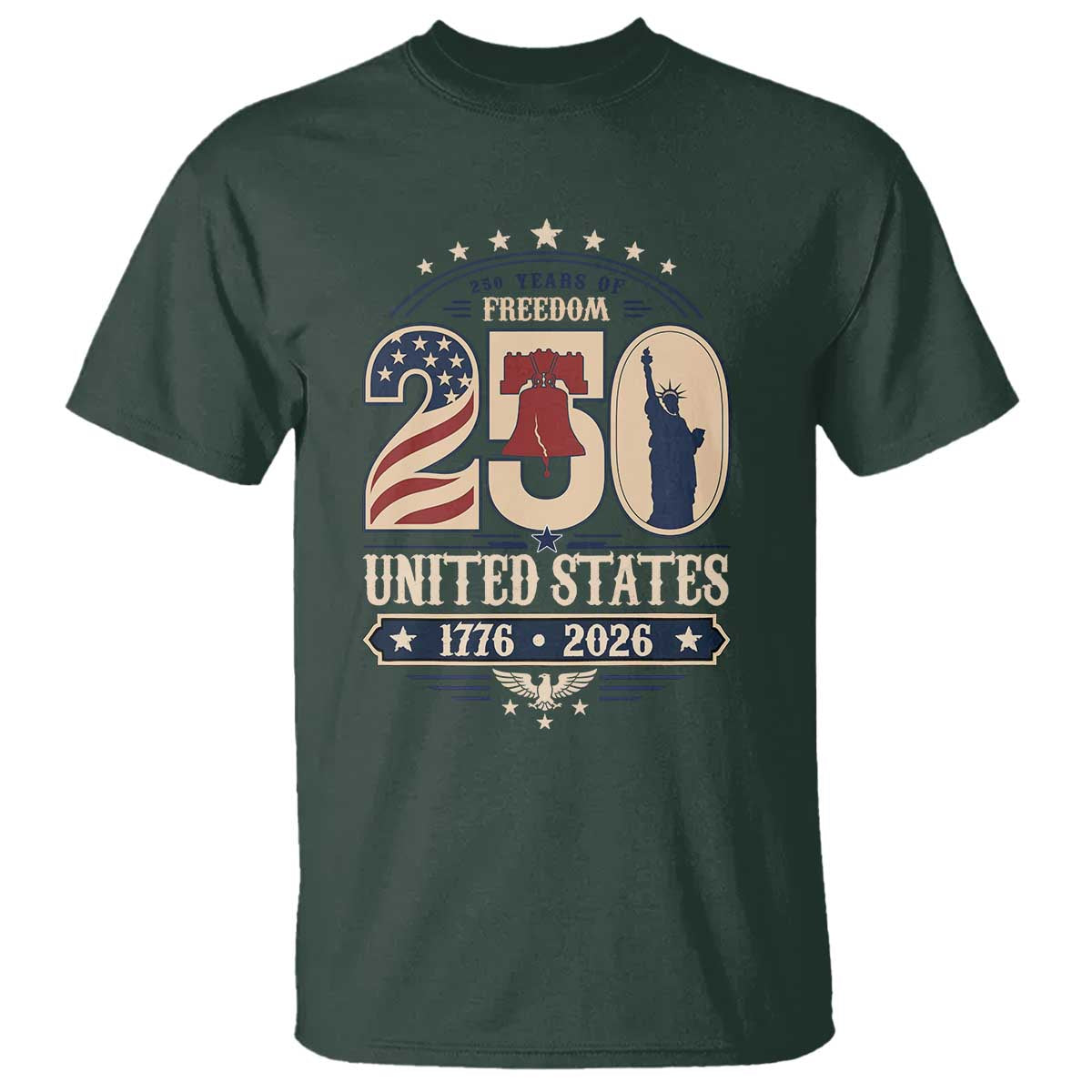 250 Years of Freedom Liberty Bell and Statue of Liberty Graphic T Shirt 1776 2026 US Pride American Flag Graphic Emblem