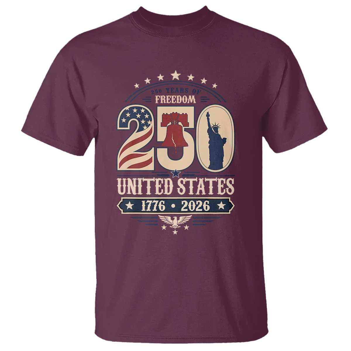 250 Years of Freedom Liberty Bell and Statue of Liberty Graphic T Shirt 1776 2026 US Pride American Flag Graphic Emblem
