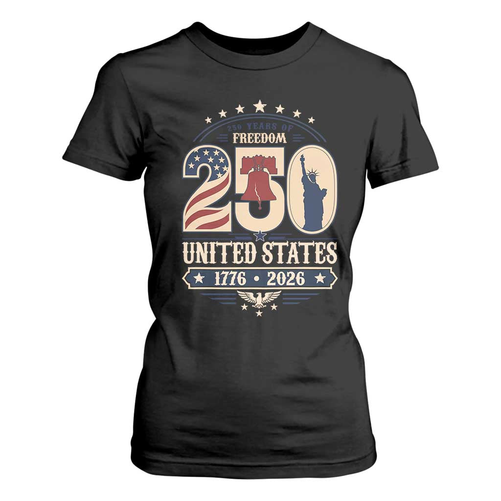 250 Years of Freedom Liberty Bell and Statue of Liberty Graphic T Shirt For Women 1776 2026 US Pride American Flag Graphic Emblem