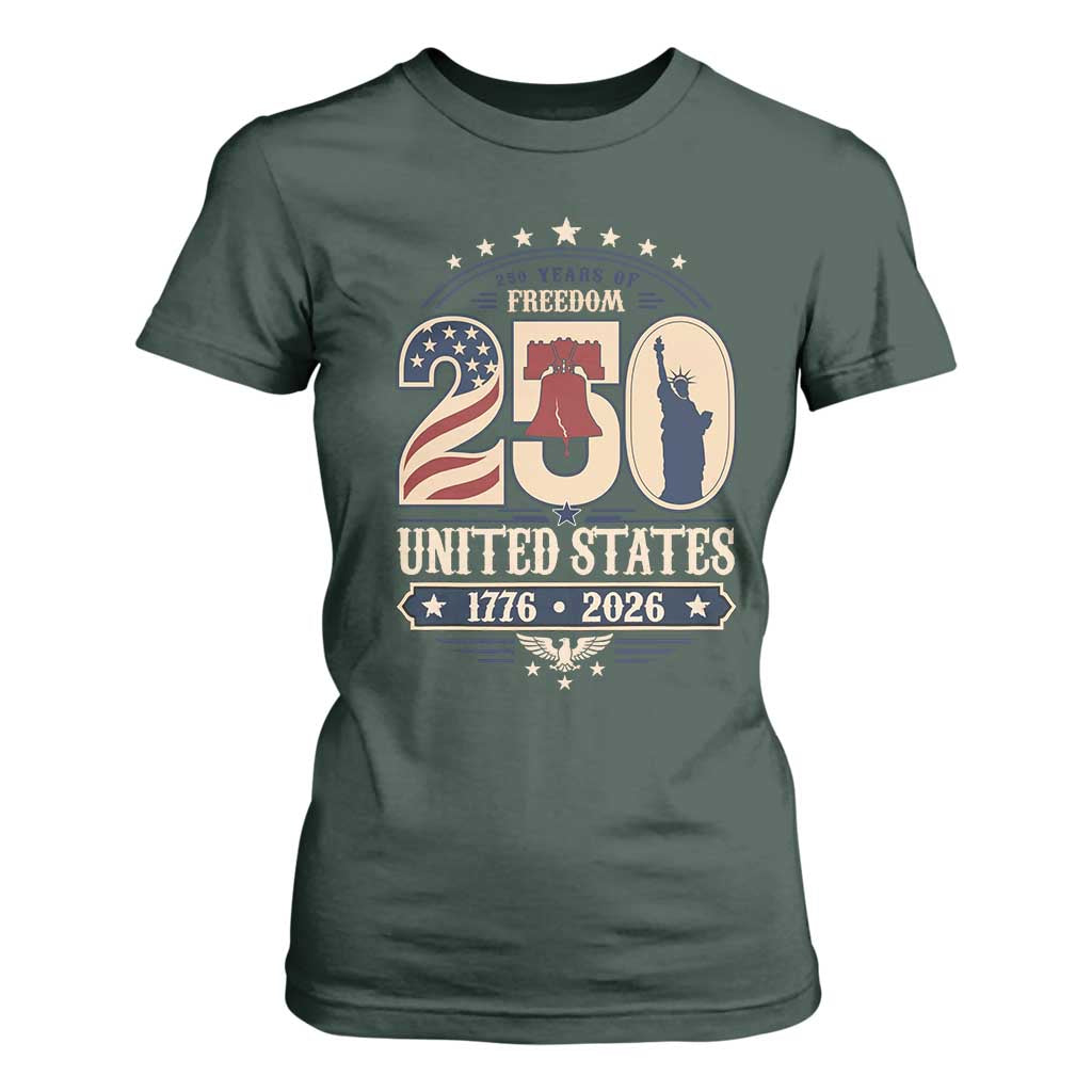 250 Years of Freedom Liberty Bell and Statue of Liberty Graphic T Shirt For Women 1776 2026 US Pride American Flag Graphic Emblem
