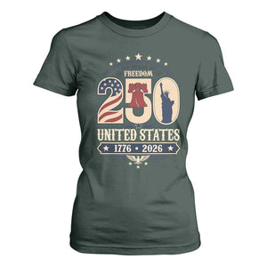 250 Years of Freedom Liberty Bell and Statue of Liberty Graphic T Shirt For Women 1776 2026 US Pride American Flag Graphic Emblem