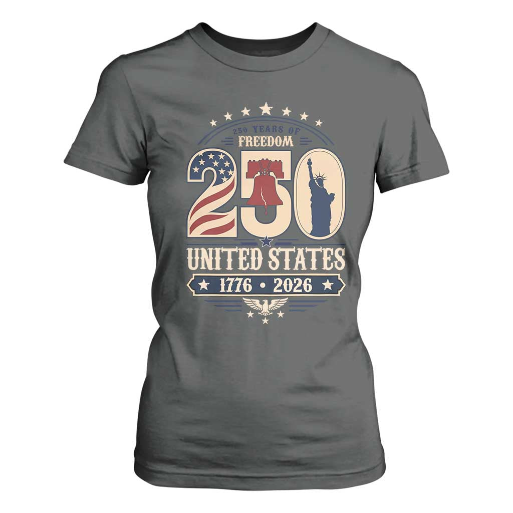 250 Years of Freedom Liberty Bell and Statue of Liberty Graphic T Shirt For Women 1776 2026 US Pride American Flag Graphic Emblem