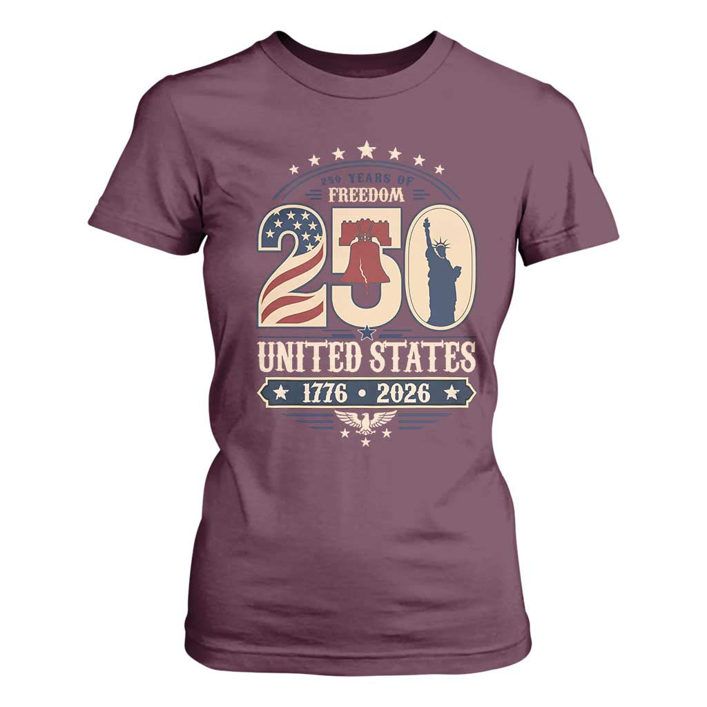 250 Years of Freedom Liberty Bell and Statue of Liberty Graphic T Shirt For Women 1776 2026 US Pride American Flag Graphic Emblem