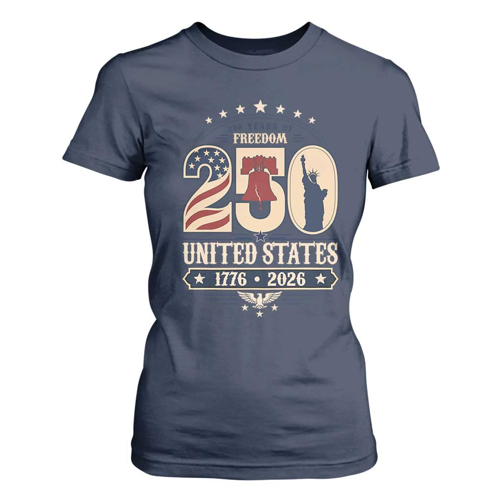 250 Years of Freedom Liberty Bell and Statue of Liberty Graphic T Shirt For Women 1776 2026 US Pride American Flag Graphic Emblem