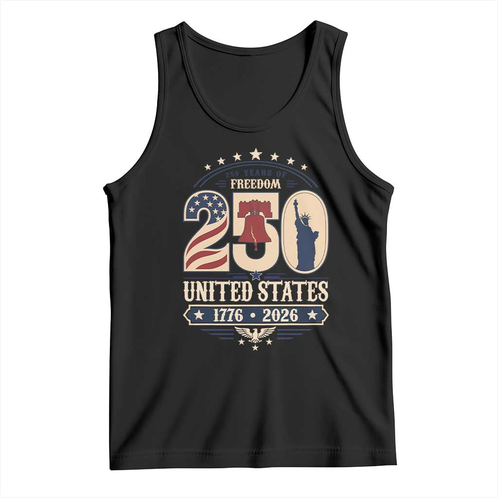 250 Years of Freedom Liberty Bell and Statue of Liberty Graphic Tank Top 1776 2026 US Pride American Flag Graphic Emblem