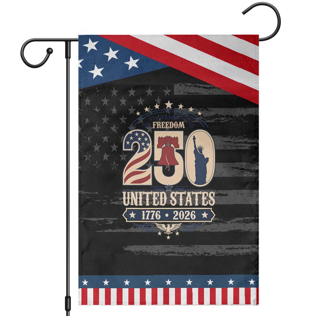 250 Years of Freedom Liberty Bell and Statue of Liberty Graphic Patriotic Garden Flag 1776 2026 US Pride American Flag Graphic Emblem