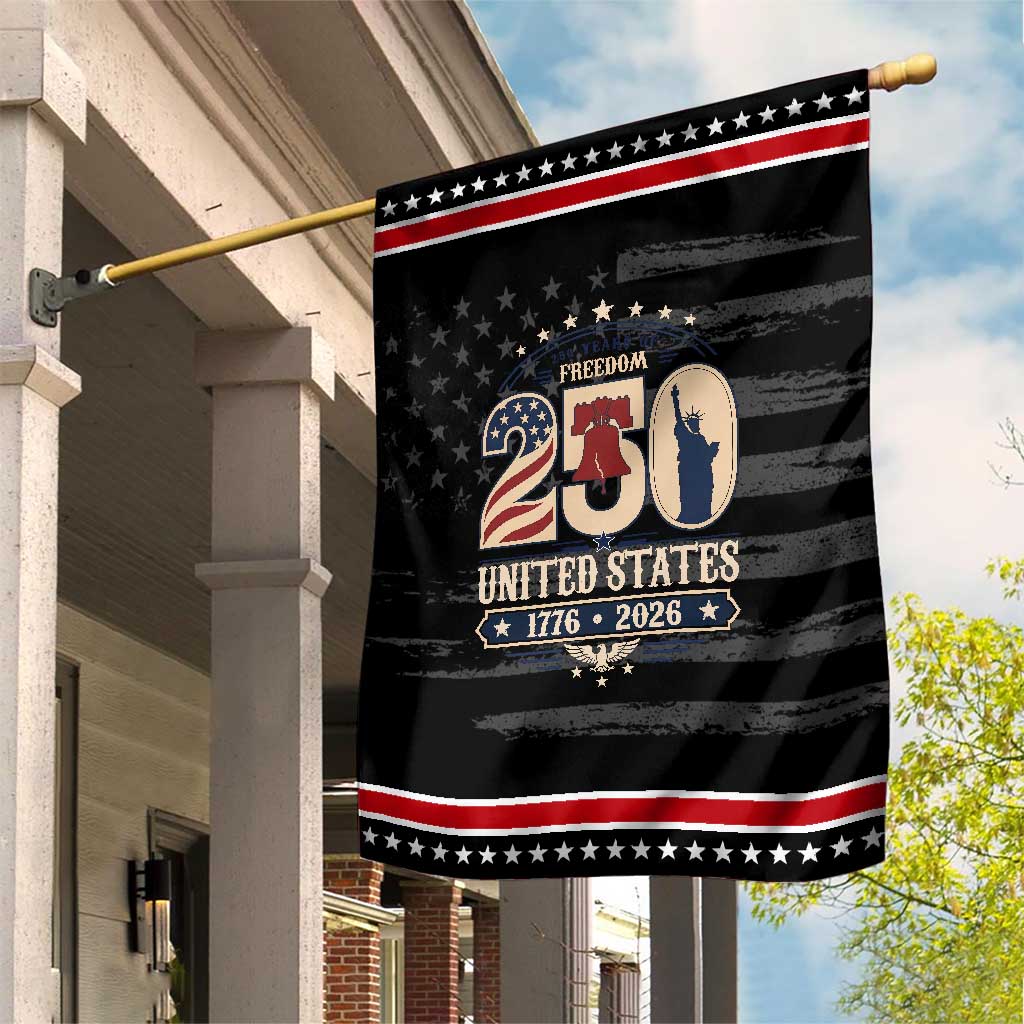 250 Years of Freedom Liberty Bell and Statue of Liberty Graphic Patriotic Garden Flag 1776 2026 US Pride American Flag Graphic Emblem