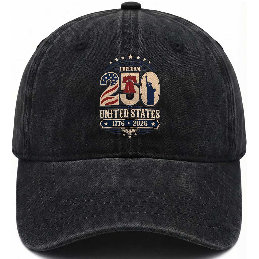 250 Years of Freedom Liberty Bell and Statue of Liberty Graphic Washed Cotton Baseball Cap 1776 2026 US Pride American Flag Graphic Emblem