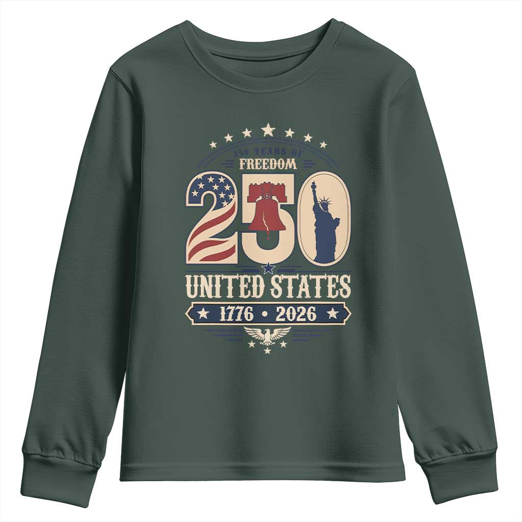 250 Years of Freedom Liberty Bell and Statue of Liberty Graphic Youth Sweatshirt 1776 2026 US Pride American Flag Graphic Emblem
