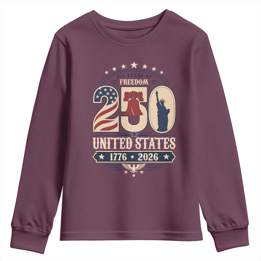 250 Years of Freedom Liberty Bell and Statue of Liberty Graphic Youth Sweatshirt 1776 2026 US Pride American Flag Graphic Emblem