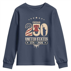 250 Years of Freedom Liberty Bell and Statue of Liberty Graphic Youth Sweatshirt 1776 2026 US Pride American Flag Graphic Emblem