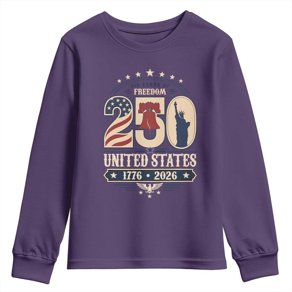 250 Years of Freedom Liberty Bell and Statue of Liberty Graphic Youth Sweatshirt 1776 2026 US Pride American Flag Graphic Emblem