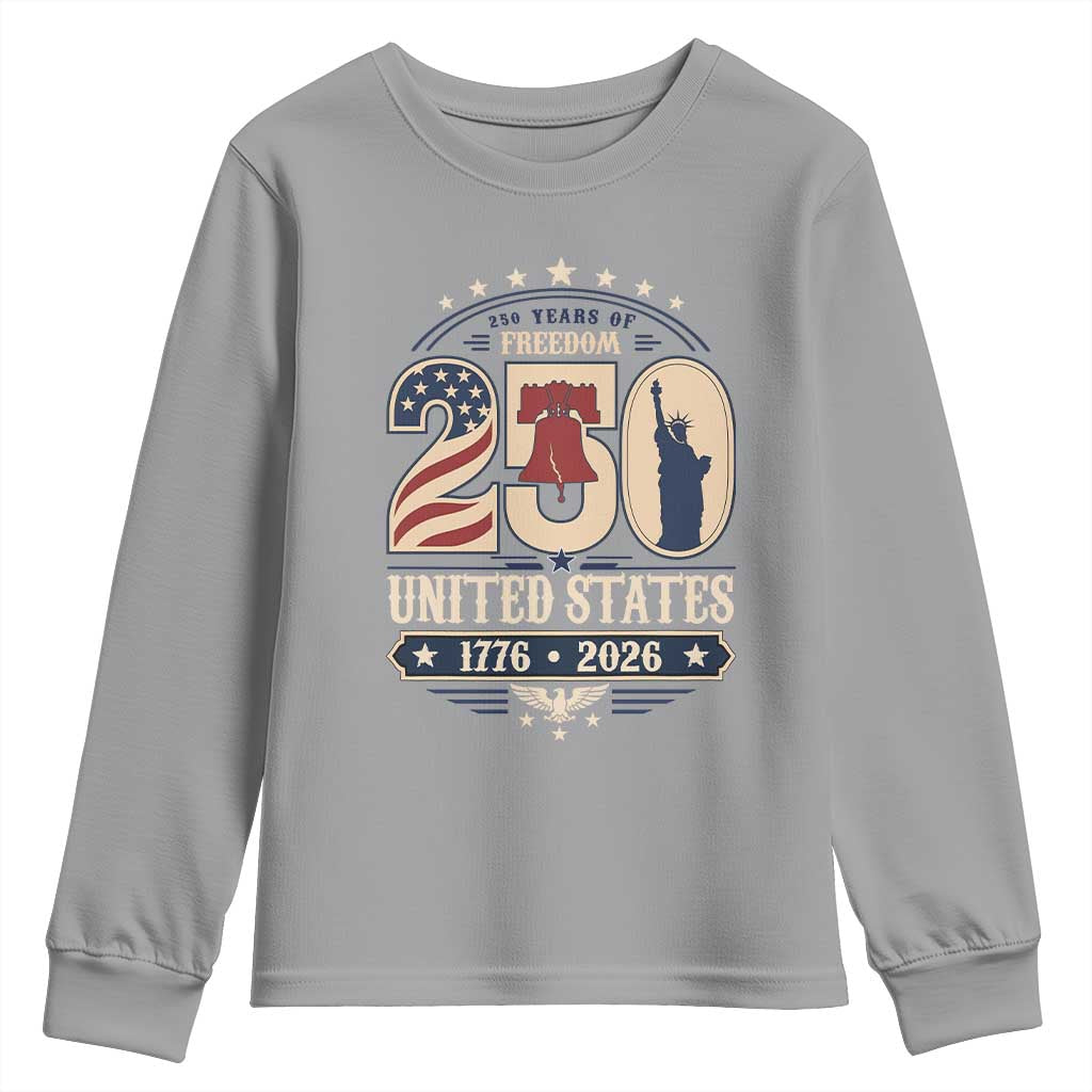 250 Years of Freedom Liberty Bell and Statue of Liberty Graphic Youth Sweatshirt 1776 2026 US Pride American Flag Graphic Emblem