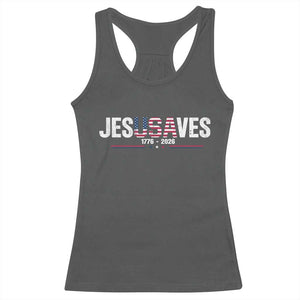 Jesus Saves USA Semiquincentennial 1776 2026 Racerback Tank Top Patriotic Christian Faith USA 250 Years of Freedom TS02 Dark Heather Print Your Wear