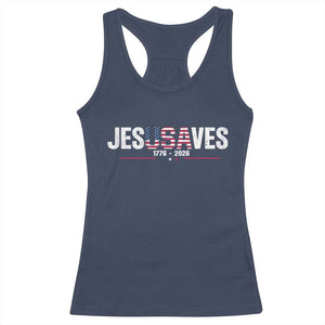 Jesus Saves USA Semiquincentennial 1776 2026 Racerback Tank Top Patriotic Christian Faith USA 250 Years of Freedom TS02 Navy Print Your Wear