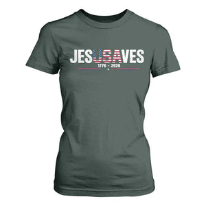 Jesus Saves USA Semiquincentennial 1776 2026 T Shirt For Women Patriotic Christian Faith USA 250 Years of Freedom TS02 Dark Forest Green Print Your Wear
